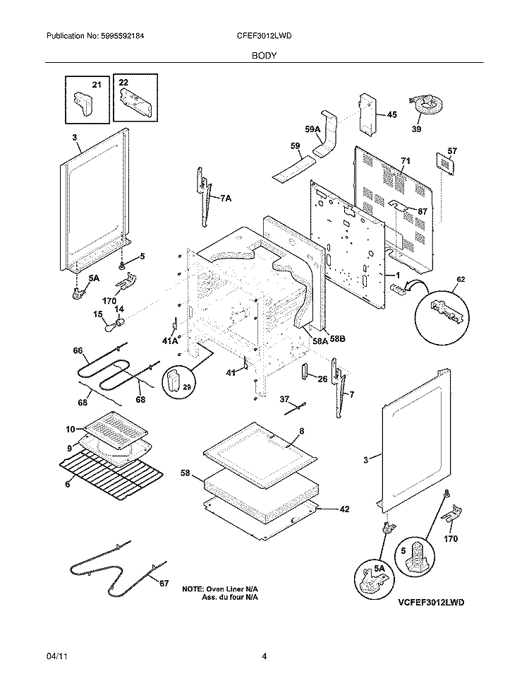 BODY Diagram and Parts List for CFEF3012LWD  Frigidaire Range