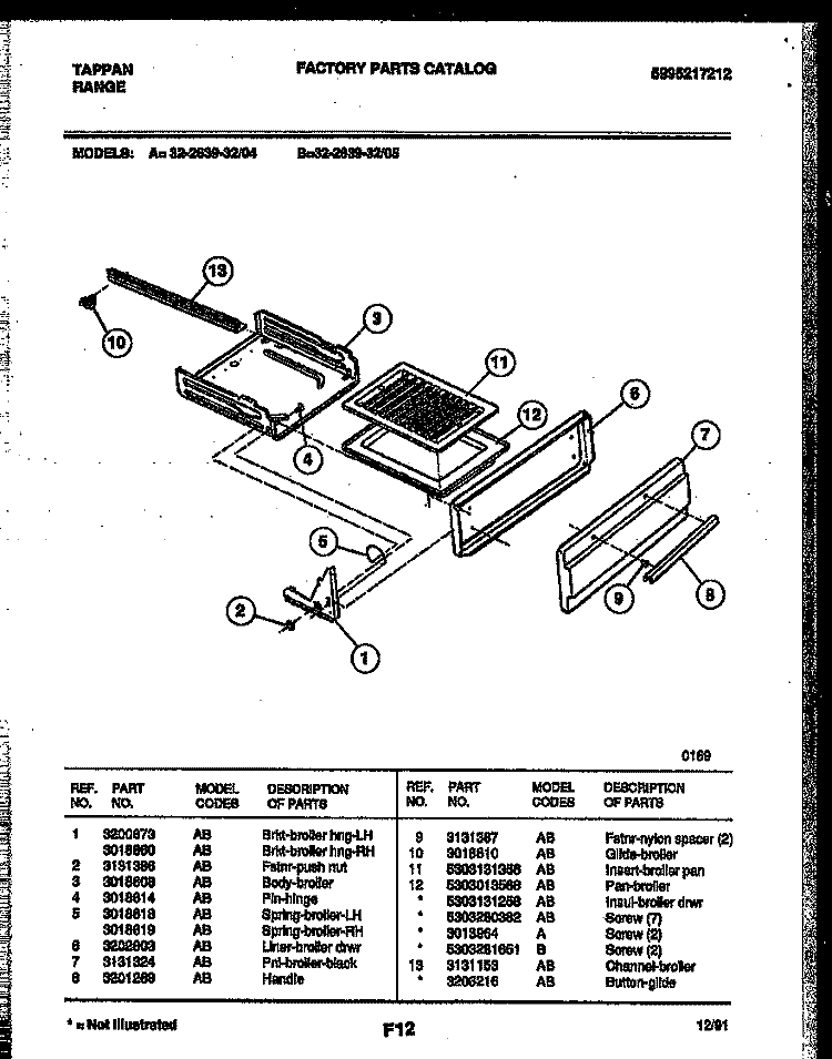 BROILER DRAWER PARTS Diagram and Parts List for 32-2639-00-05  Tappan Range