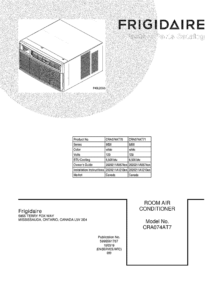 COVER Diagram and Parts List for CRA074AT71  Frigidaire Air Conditioner