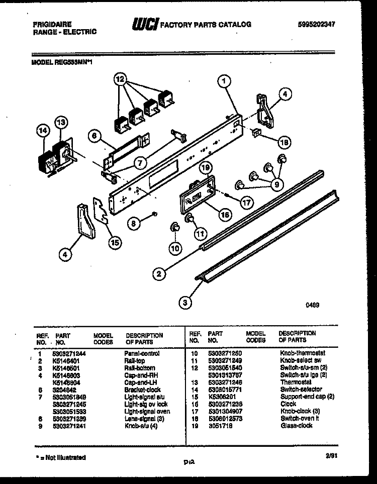 CONTROL PANEL Diagram and Parts List for REG533MNW1  Frigidaire Range