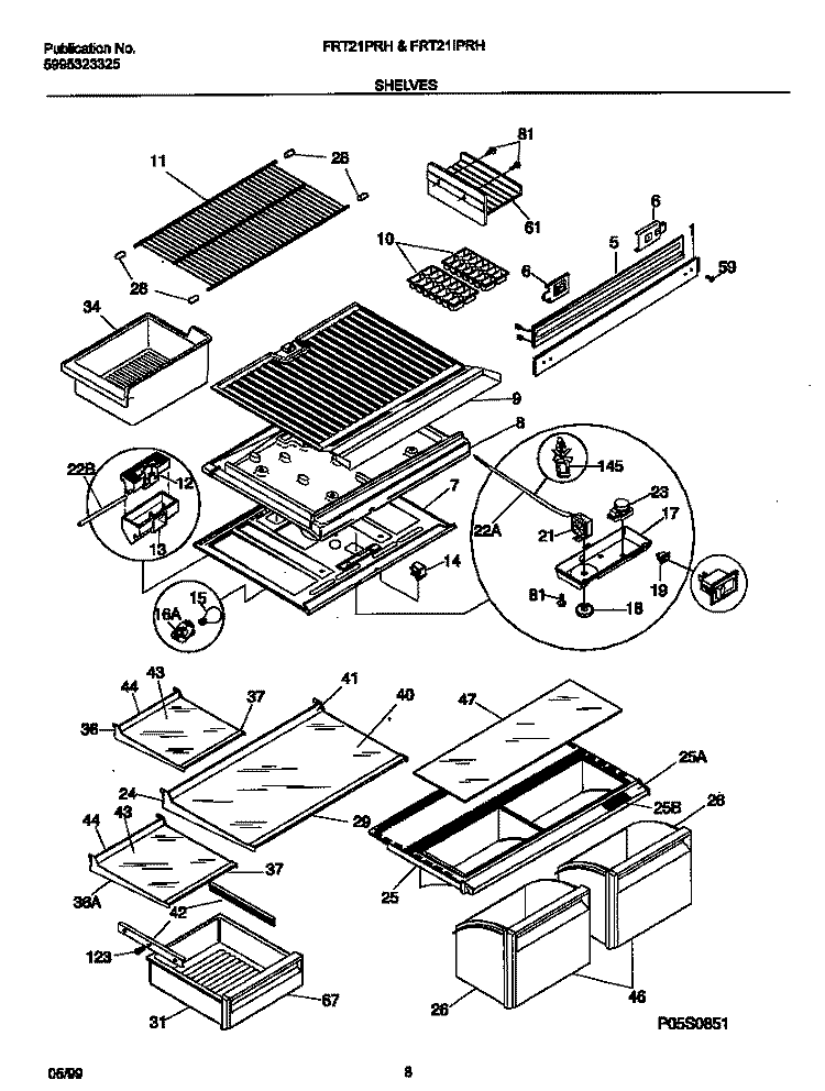 SHELVES Diagram and Parts List for FRT21IPRHW1  Frigidaire Refrigerator