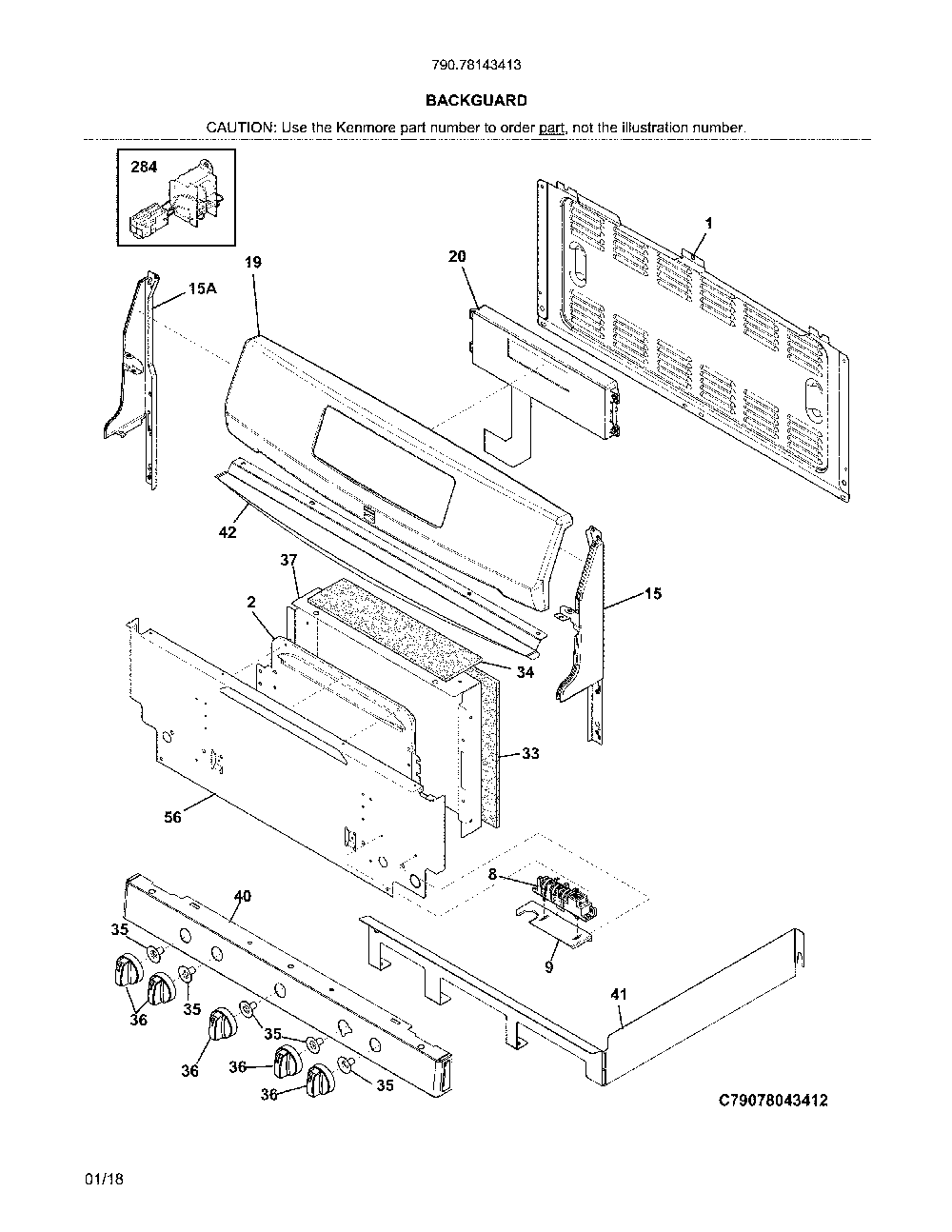 Backguard Diagram and Parts List for 79078143413  Kenmore Range