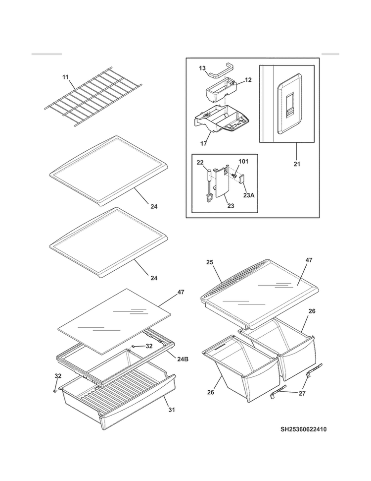 Shelves Diagram and Parts List for 25370632411  Kenmore Refrigerator
