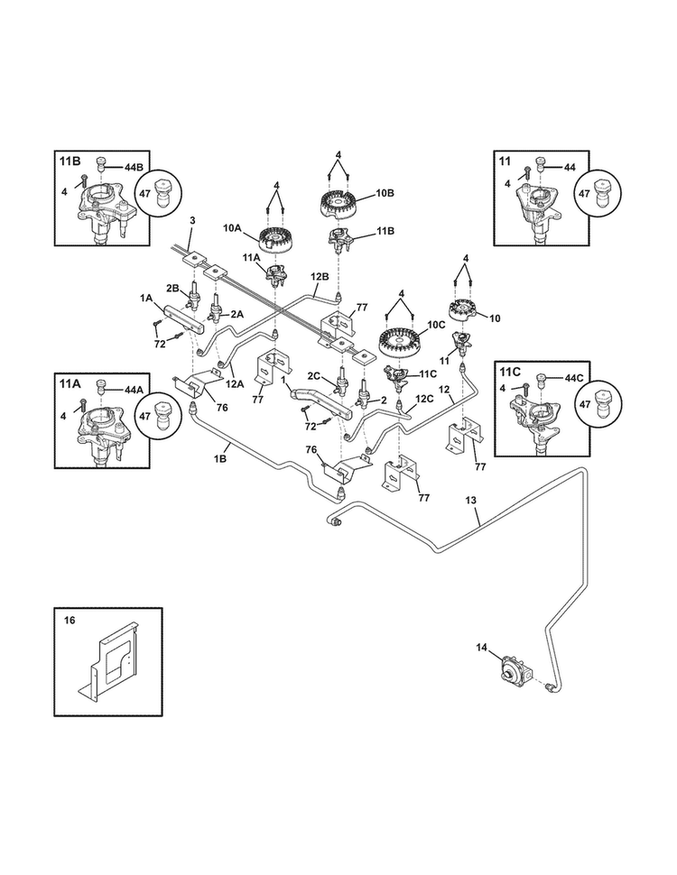Burner Diagram and Parts List for CGDS3065KF6  Frigidaire Range