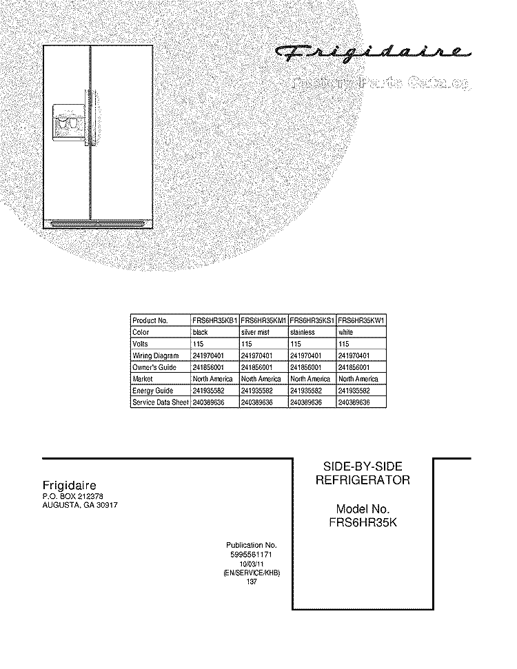 COVER Diagram and Parts List for FRS6HR35KS1  Frigidaire Refrigerator