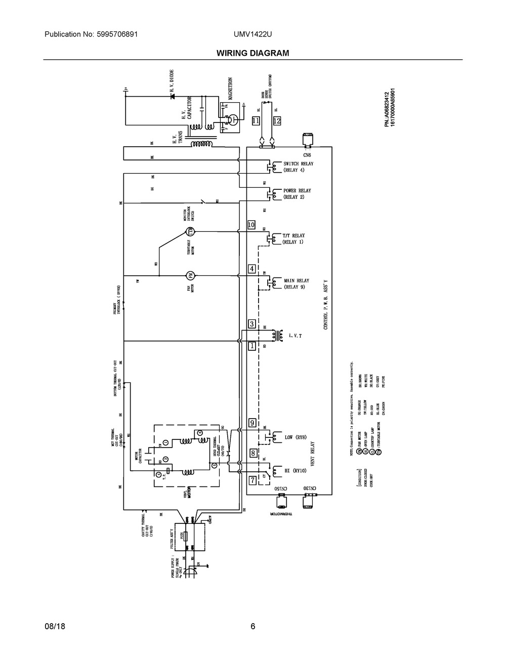 Wiring Diagram Diagram and Parts List for UMV1422US  Frigidaire Microwave
