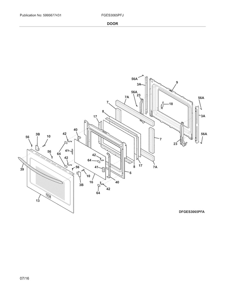 Door Diagram and Parts List for FGES3065PFJ  Frigidaire Range