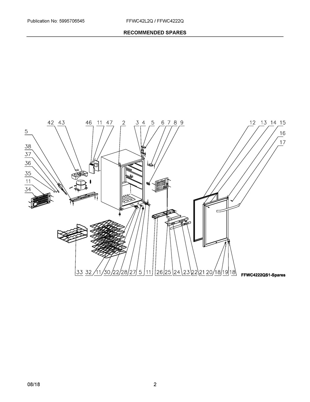 Recommended Spares Diagram and Parts List for FFWC4222QS1  Frigidaire Wine and Beverage Cooler