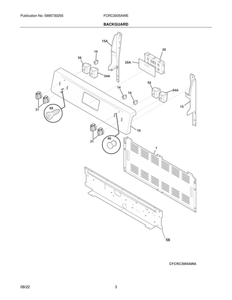 Backguard Diagram and Parts List for FCRC3005AWE  Frigidaire Range