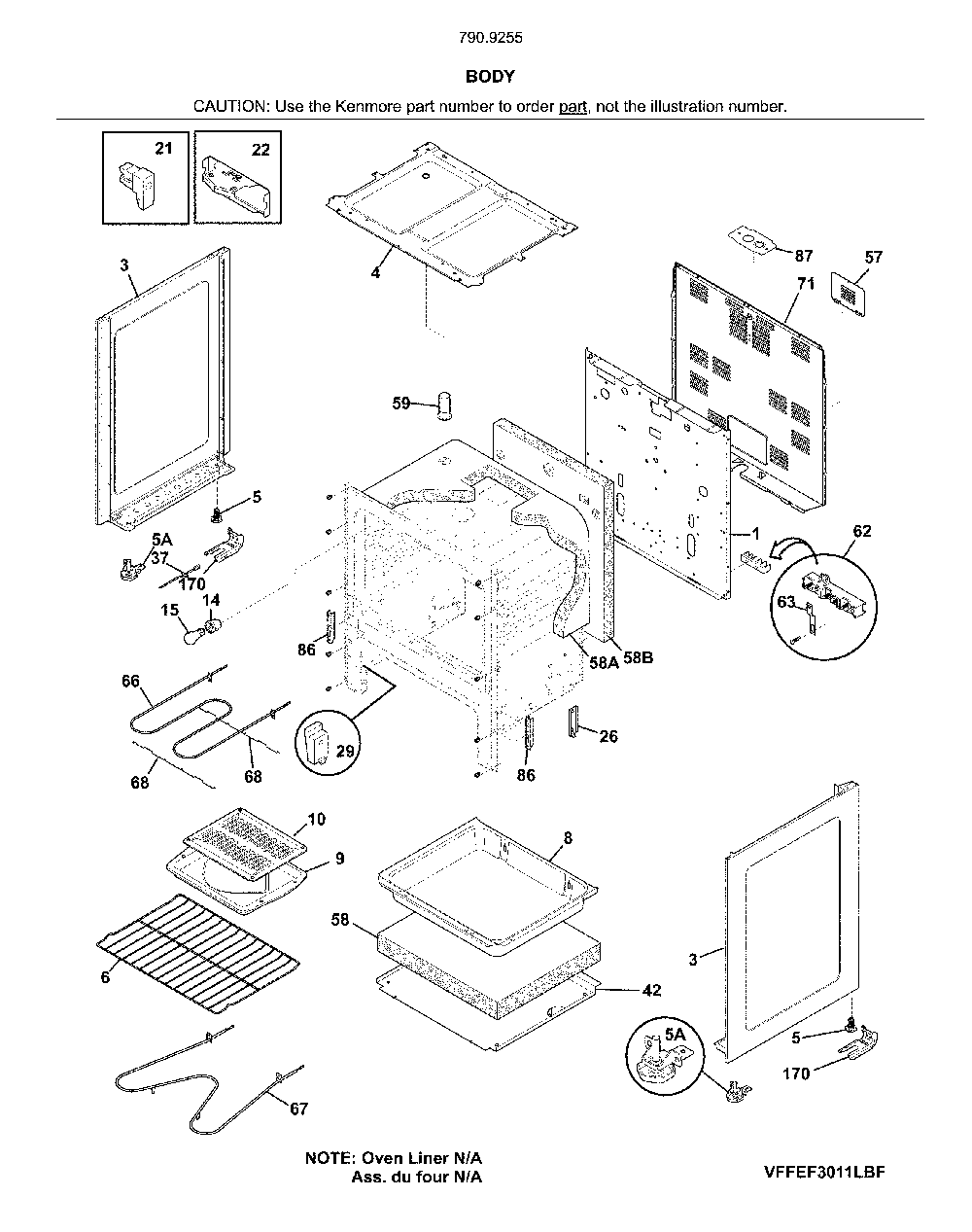 Body Diagram and Parts List for 79092552810  Kenmore Range