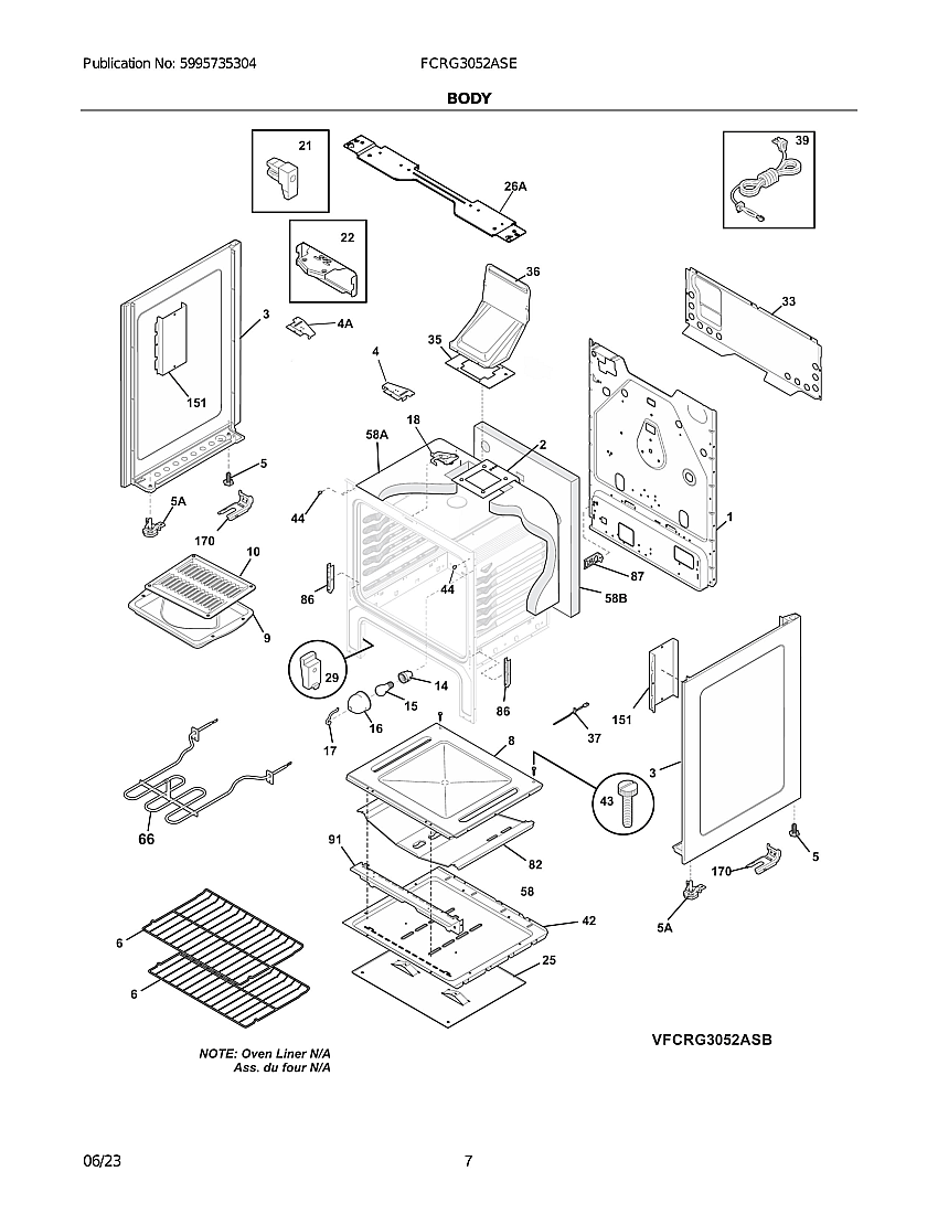 Body Diagram and Parts List for FCRG3052ASE  Frigidaire Range