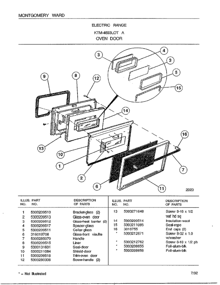 Oven Door Diagram and Parts List for 4893A  Frigidaire Range