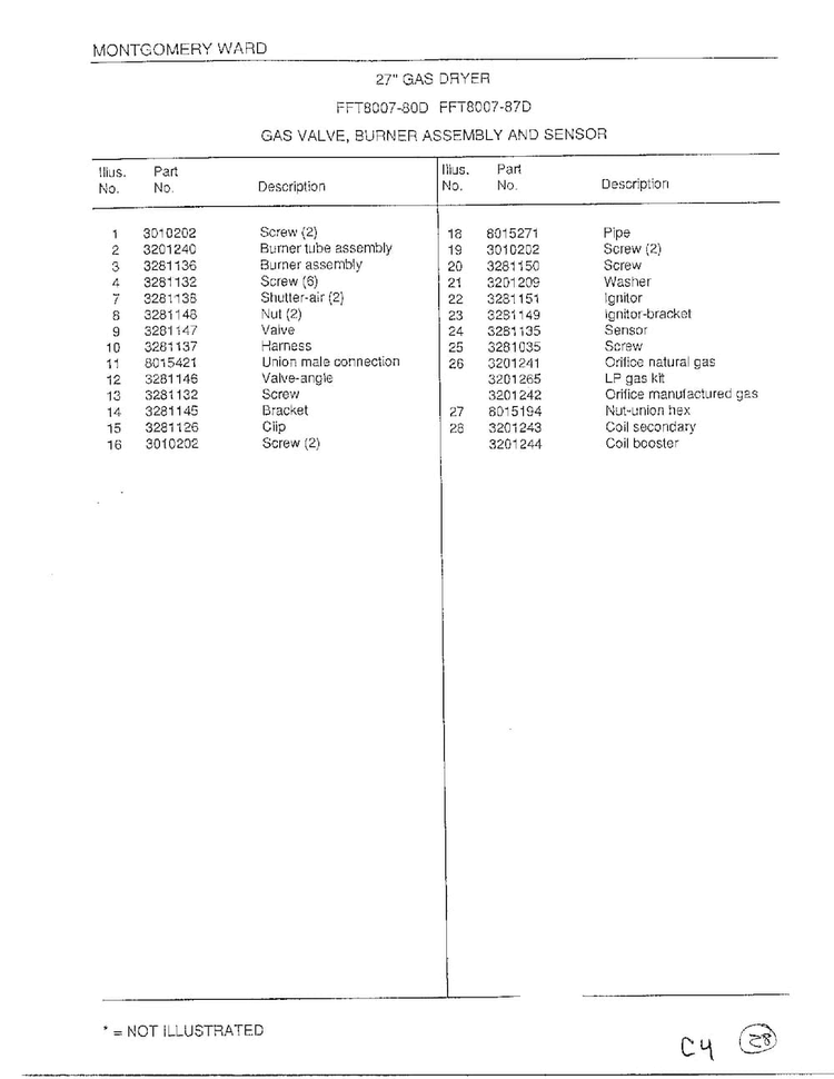 Gas Valve/burner Assembly/sensor Page 2 Diagram and Parts List for 8007-87D  Frigidaire Dryer