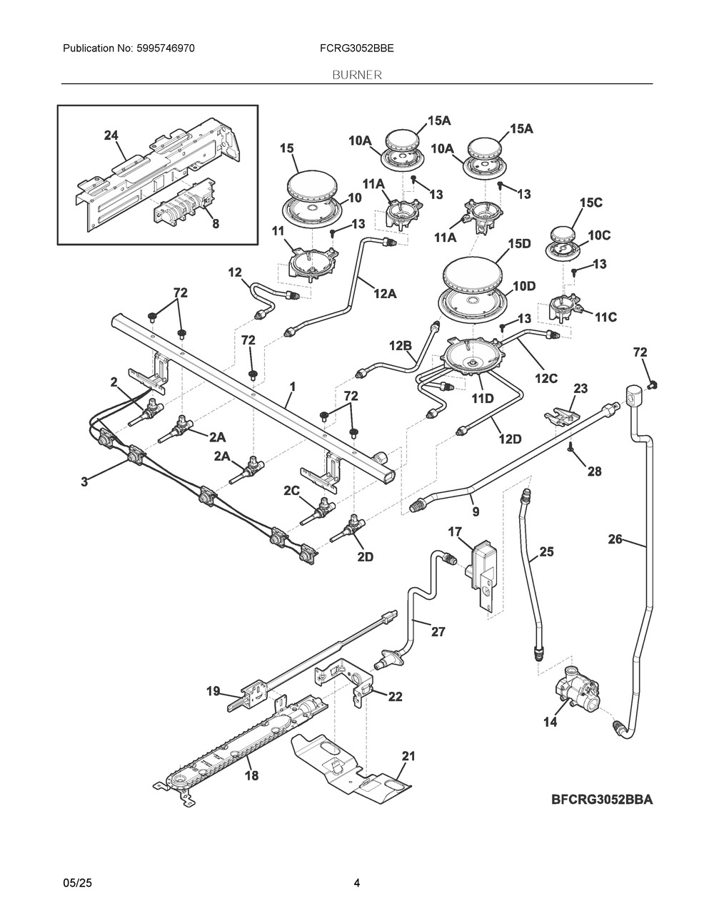 Burner Diagram and Parts List for FCRG3052BBE  Frigidaire Range