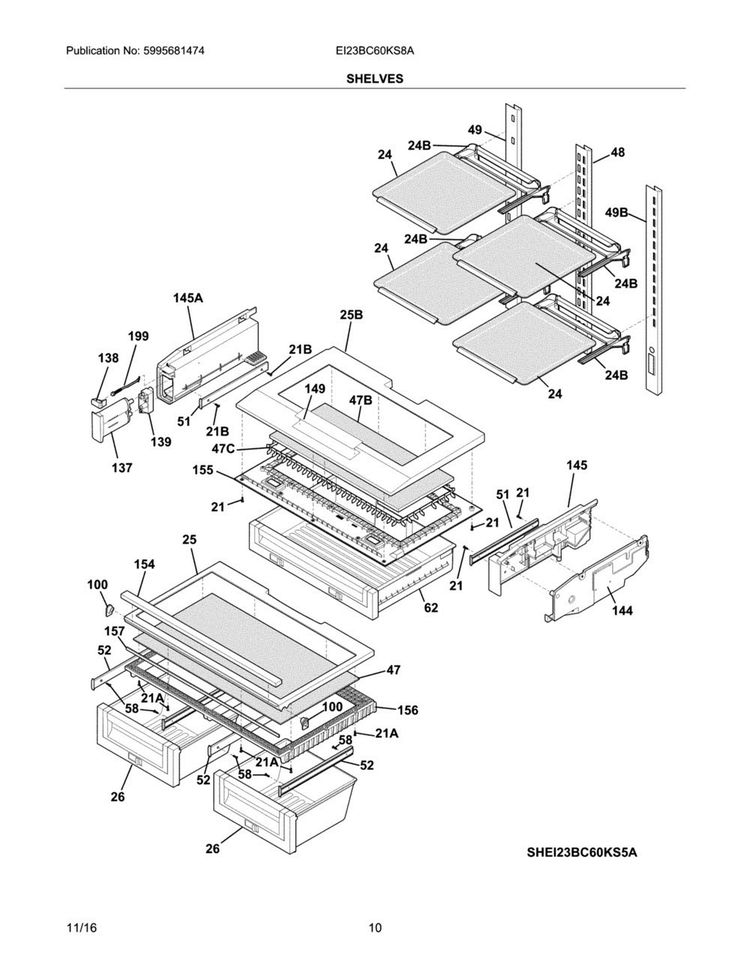 Shelves Diagram and Parts List for EI23BC60KS8A  Electrolux Refrigerator