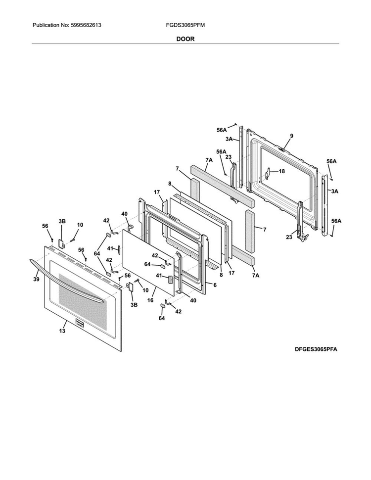 Door Diagram and Parts List for FGDS3065PFM  Frigidaire Range