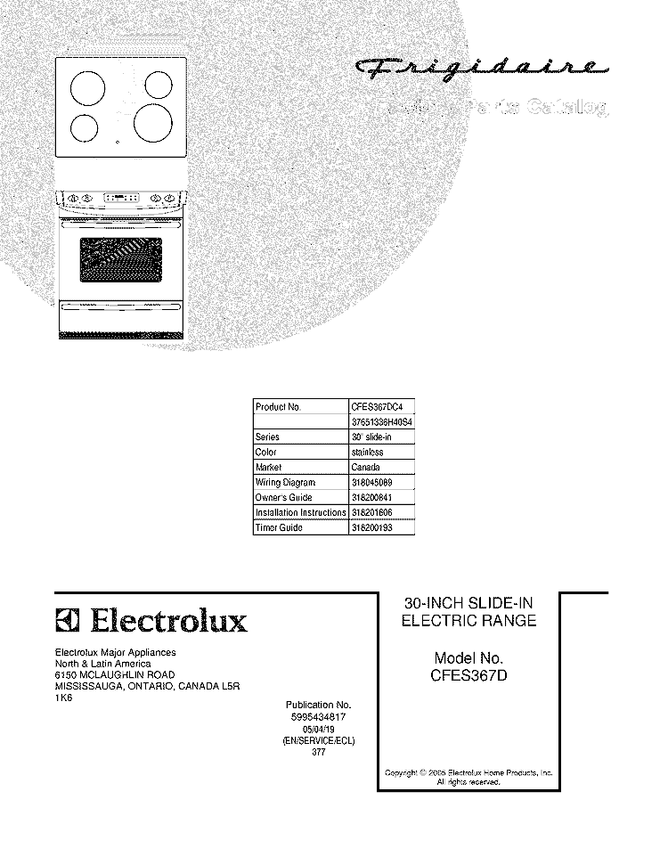 COVER Diagram and Parts List for CFES367DC4  Frigidaire Wall Oven