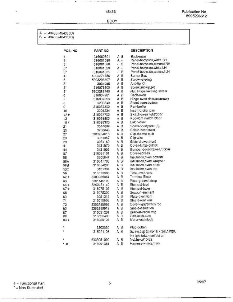 Body Page 2 Diagram and Parts List for 484360D  Frigidaire Range