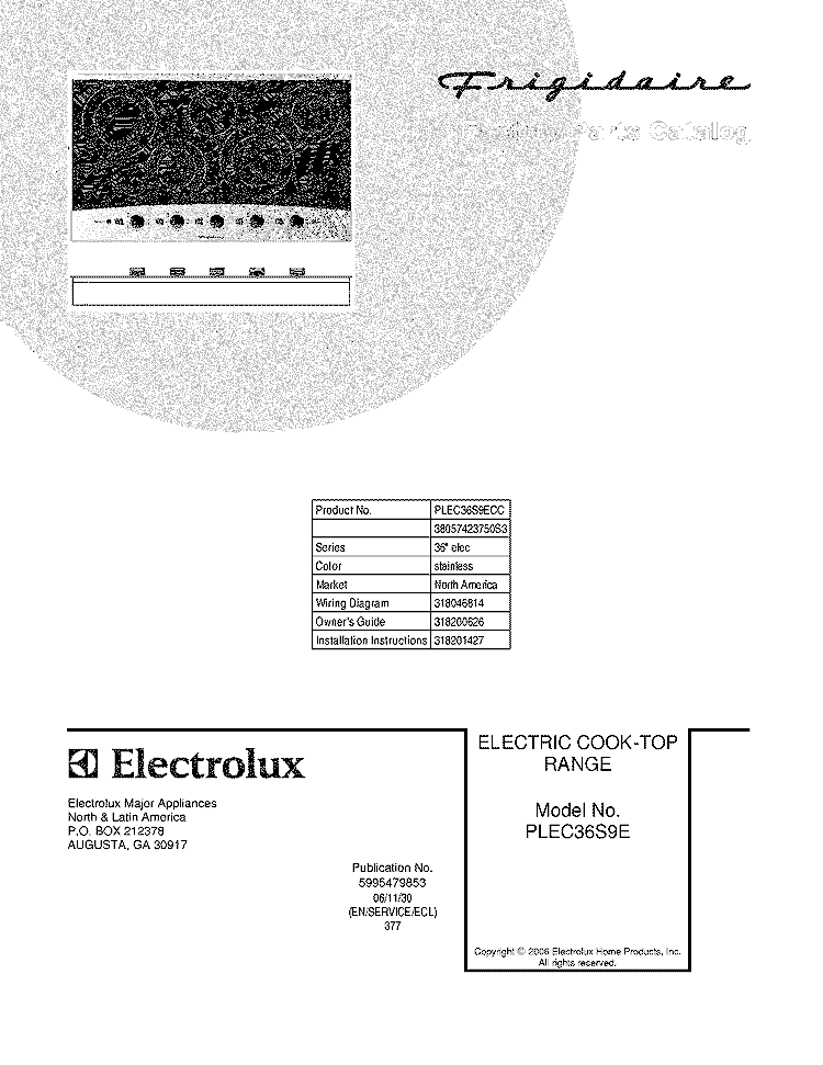 COVER Diagram and Parts List for PLEC36S9ECC  Frigidaire Cooktop