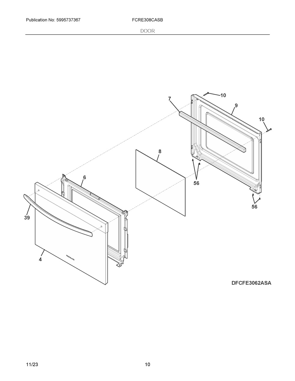 Door Diagram and Parts List for FCRE308CASB  Frigidaire Range