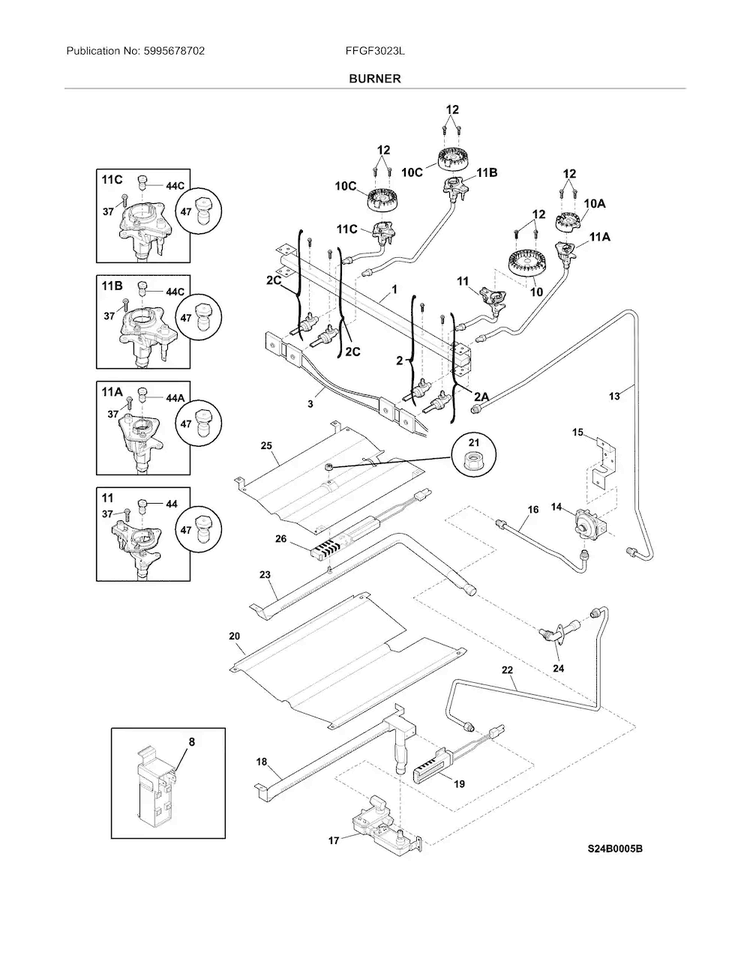 Burner Diagram and Parts List for FFGF3023LBG  Frigidaire Range