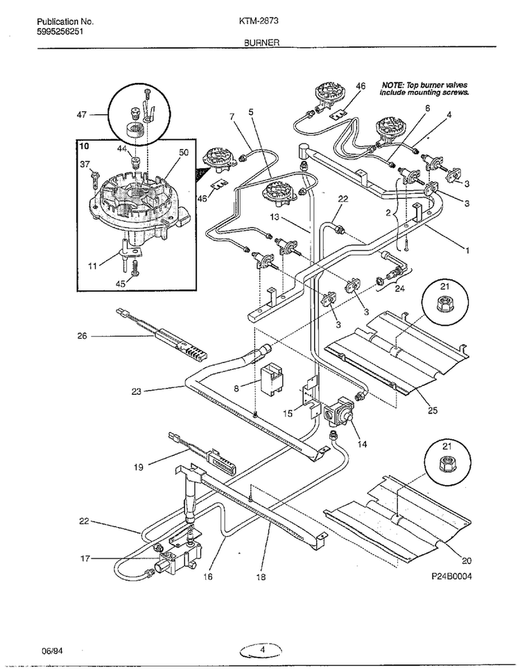 Burner Diagram and Parts List for 2873  Frigidaire Range