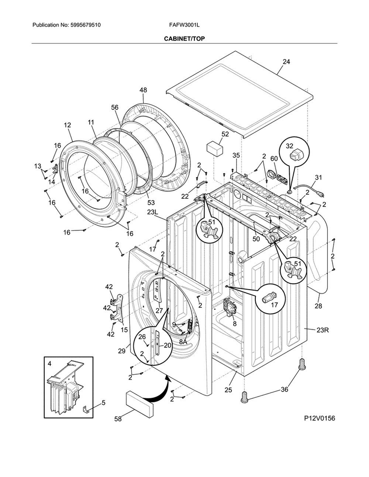 Cabinet/top Diagram and Parts List for FAFW3001LW6  Frigidaire Washer