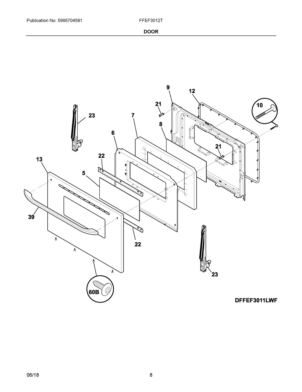 Door Diagram and Parts List for FFEF3012TBC  Frigidaire Range