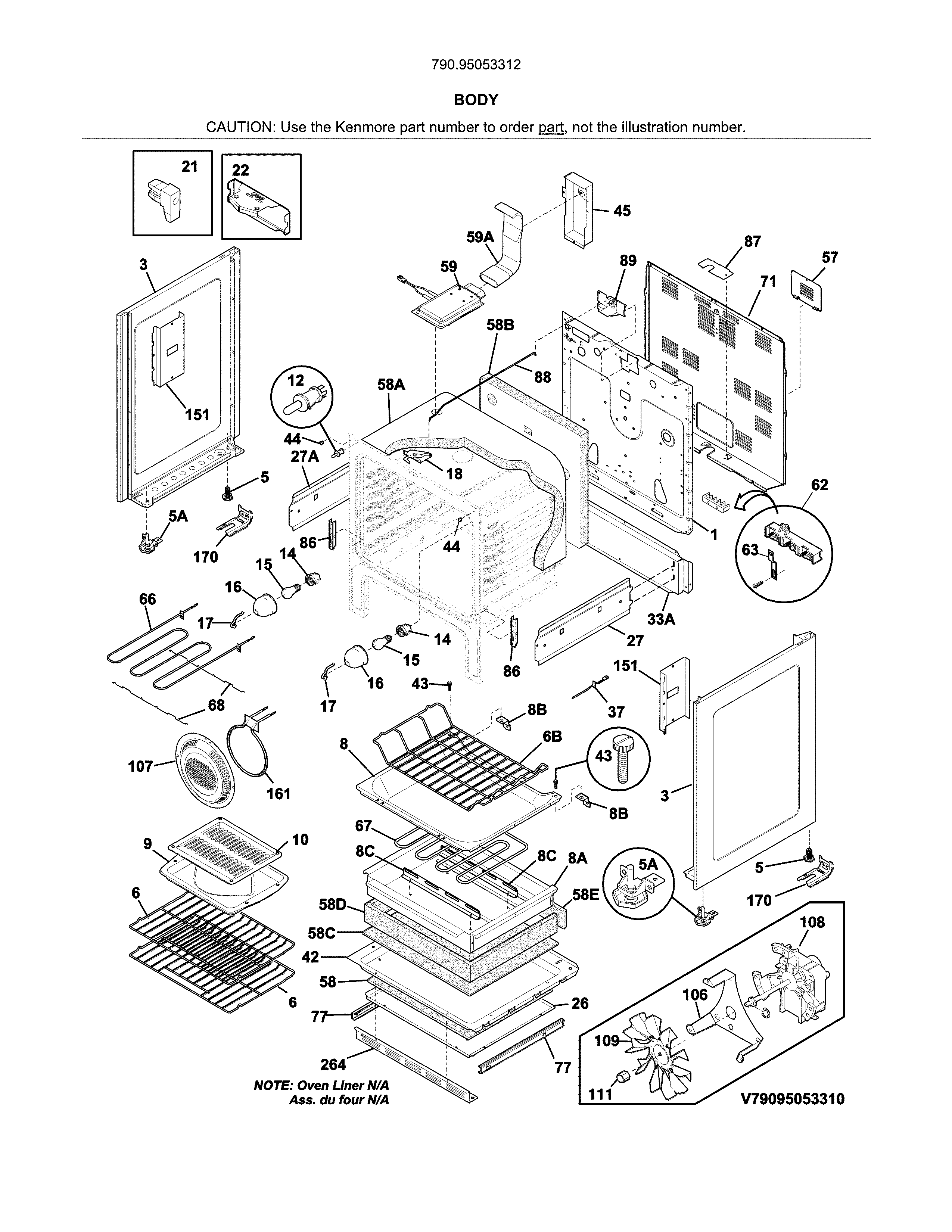 Body Diagram and Parts List for 79095053312  Kenmore Range