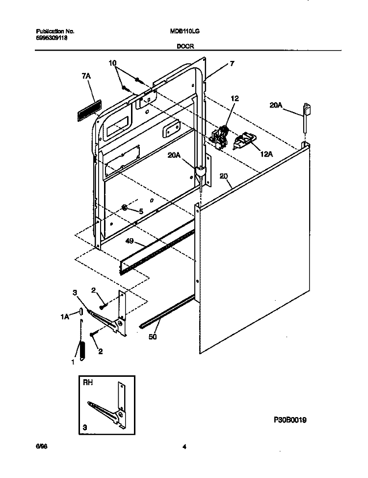DOOR Diagram and Parts List for MDB110LGW0  Frigidaire Dishwasher
