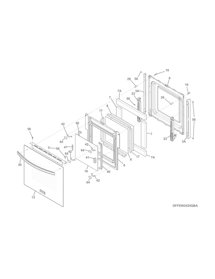 Door Diagram and Parts List for FFEW2425QBA  Frigidaire Wall Oven