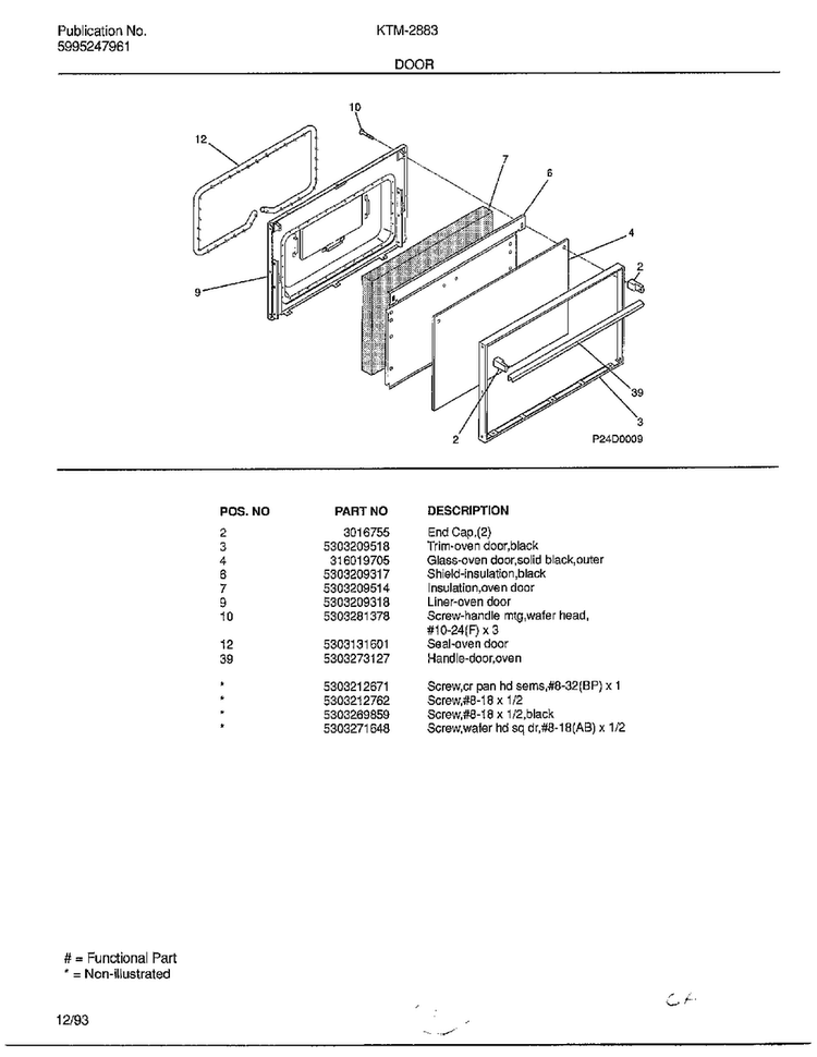 Door Diagram and Parts List for 2883-81B  Frigidaire Range