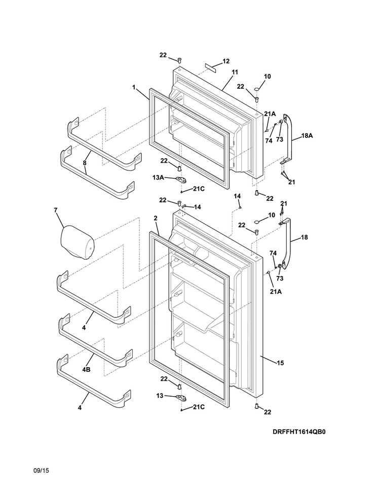 Doors Diagram and Parts List for FFHT1614QB1  Frigidaire Refrigerator
