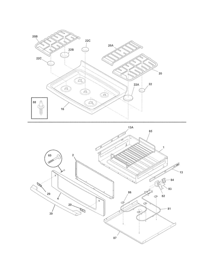 Top/drawer Diagram and Parts List for EI30GF55GSK  Electrolux Range