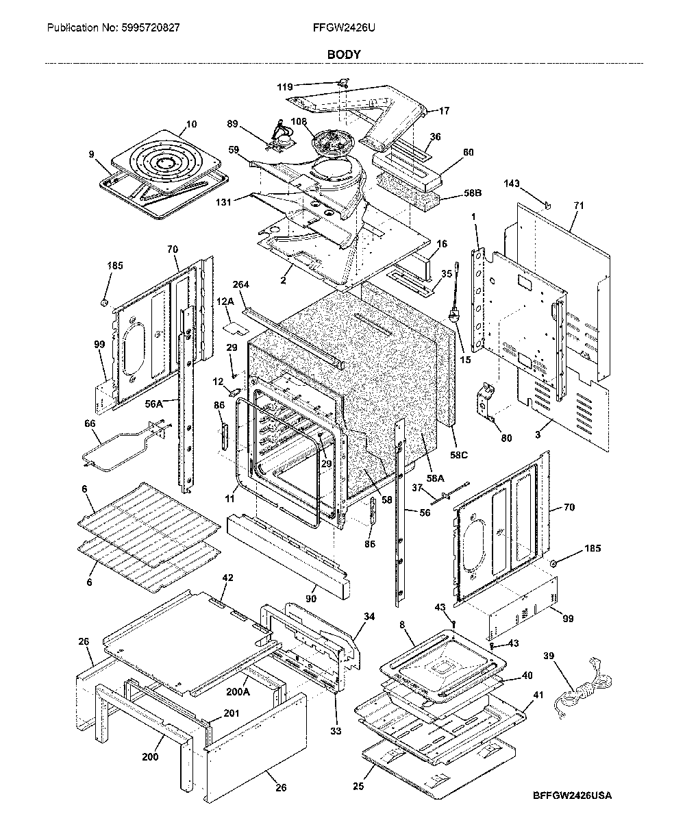 Body Diagram and Parts List for FFGW2426UBB  Frigidaire Wall Oven
