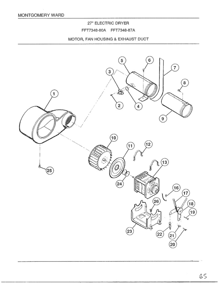 Motor, Fan Housing And Exhaust Duct Diagram and Parts List for 7348A  Frigidaire Dryer