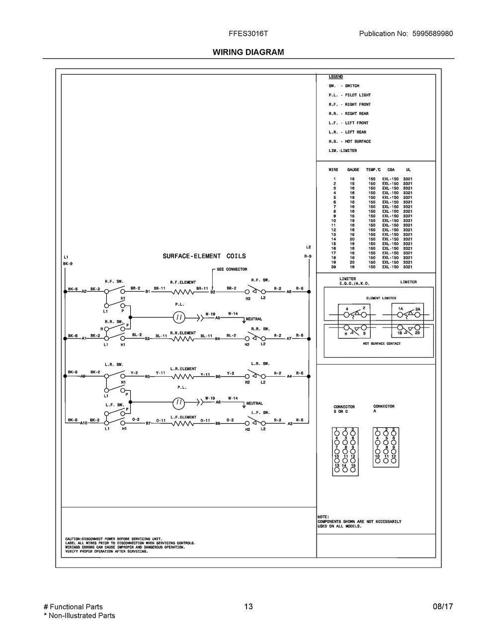 Wiring Diagram Diagram and Parts List for FFES3016TBA  Frigidaire Range