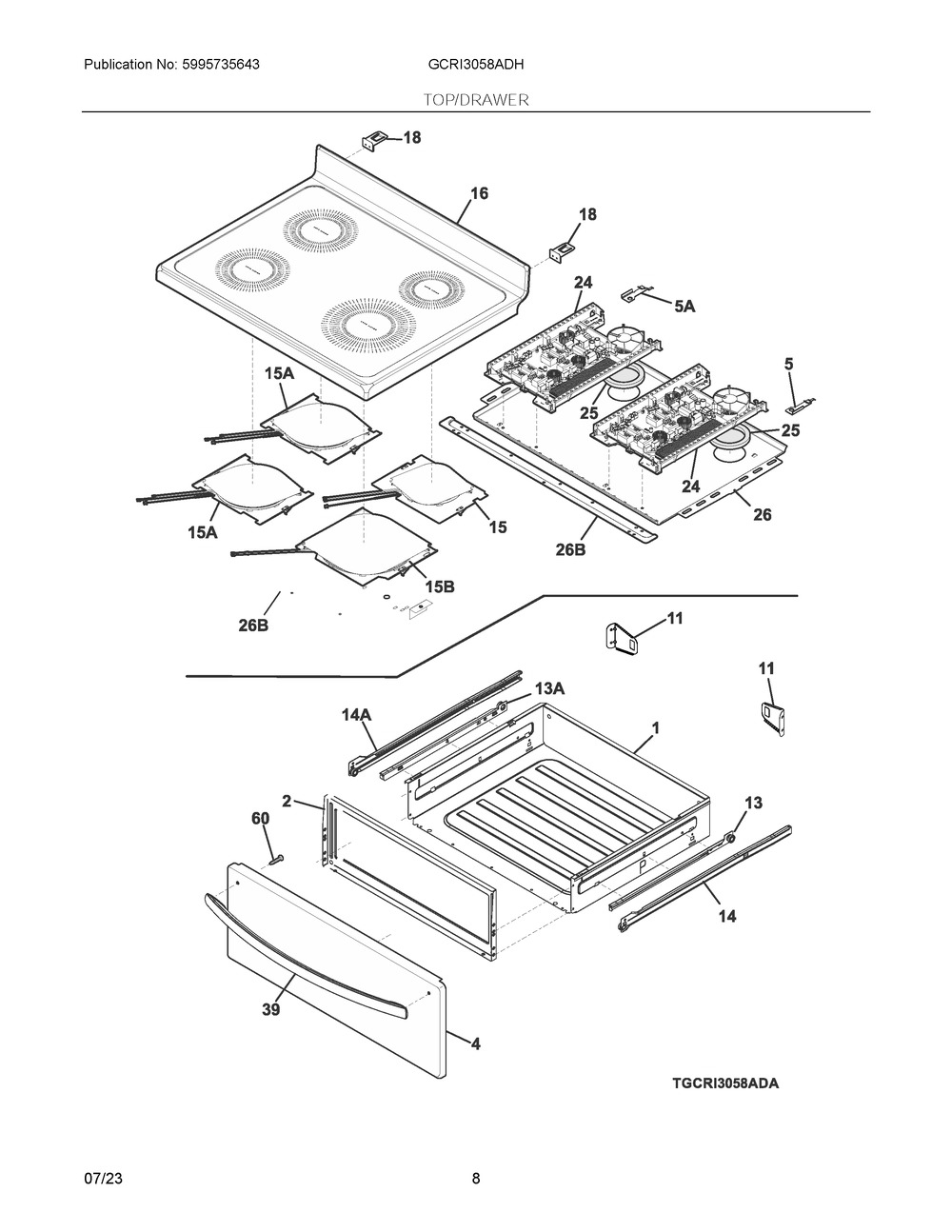 Top/Drawer Diagram and Parts List for GCRI3058ADH  Frigidaire Range