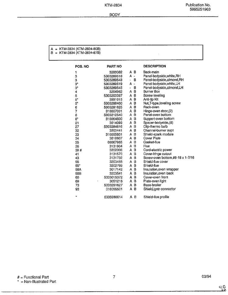 Body Page 2 Diagram and Parts List for 2834-80B  Frigidaire Range
