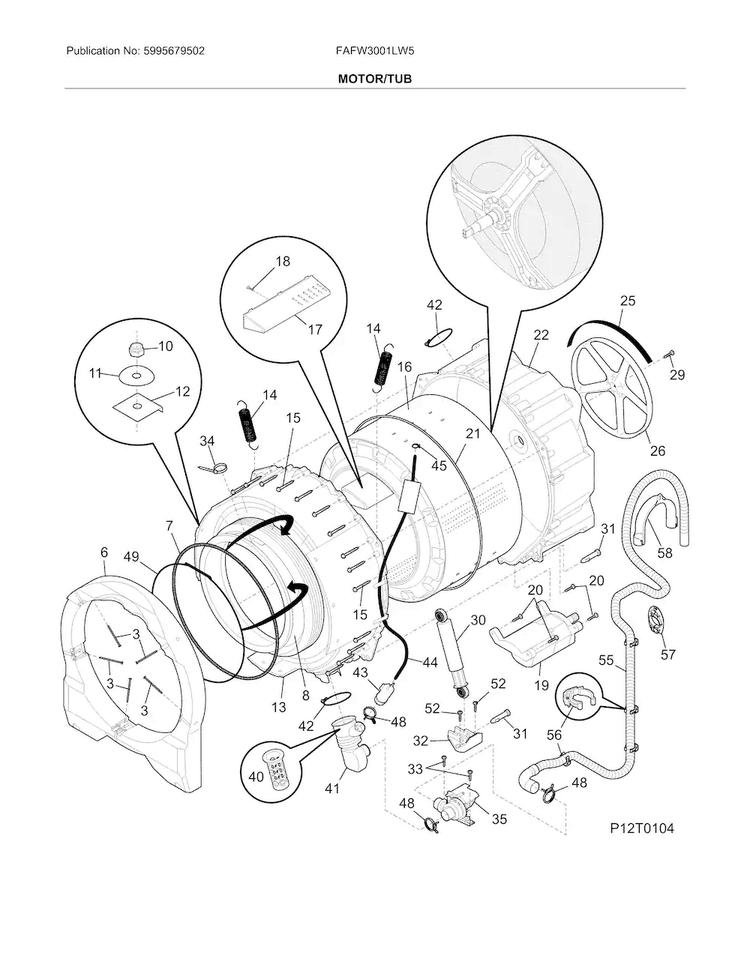 Motor/tub Diagram and Parts List for FAFW3001LW5  Frigidaire Washer