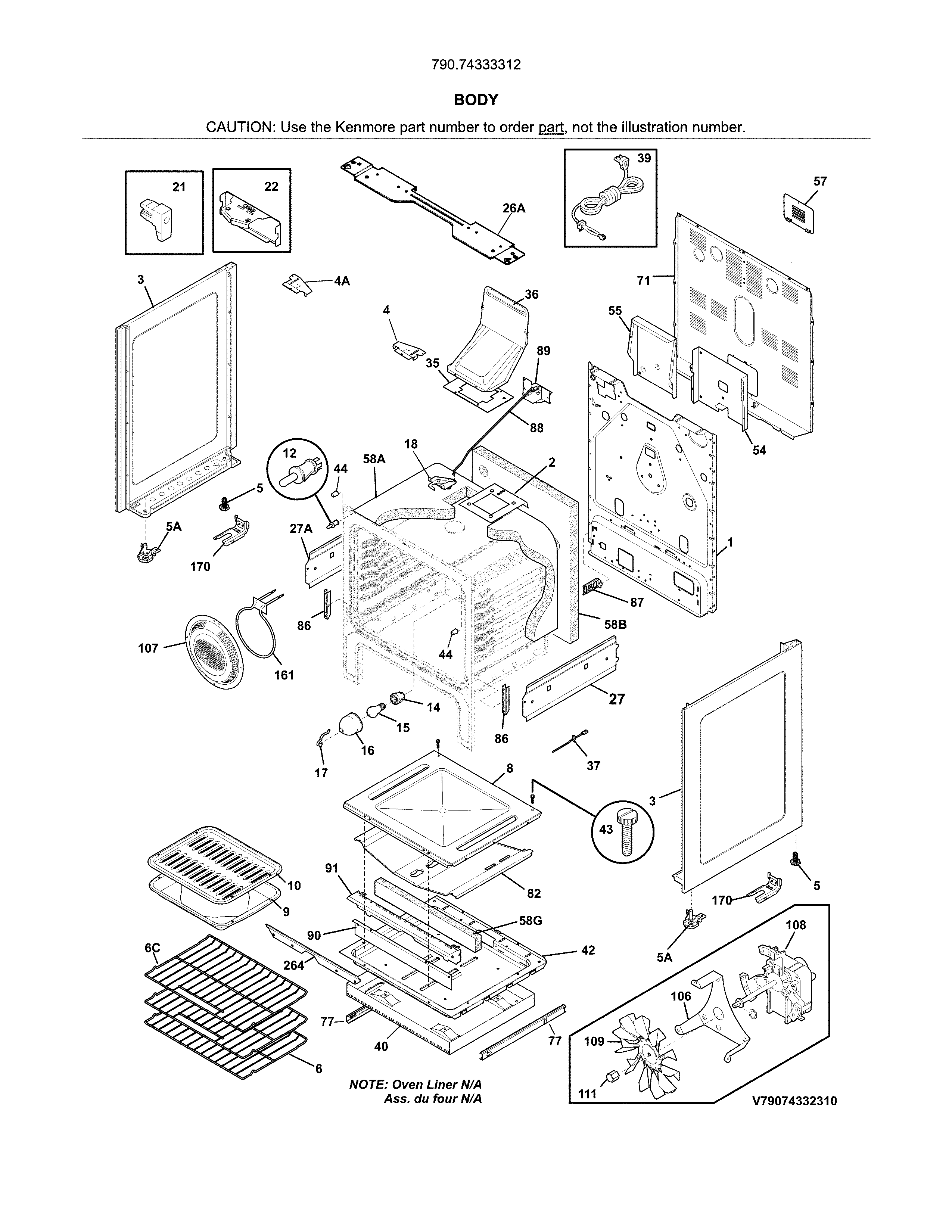 Body Diagram and Parts List for 79074333312  Kenmore Range