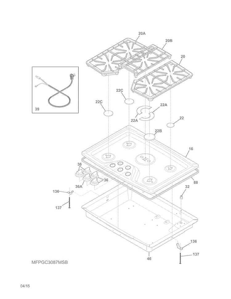 Main Top Diagram and Parts List for FPGC3087MSB  Frigidaire Cooktop