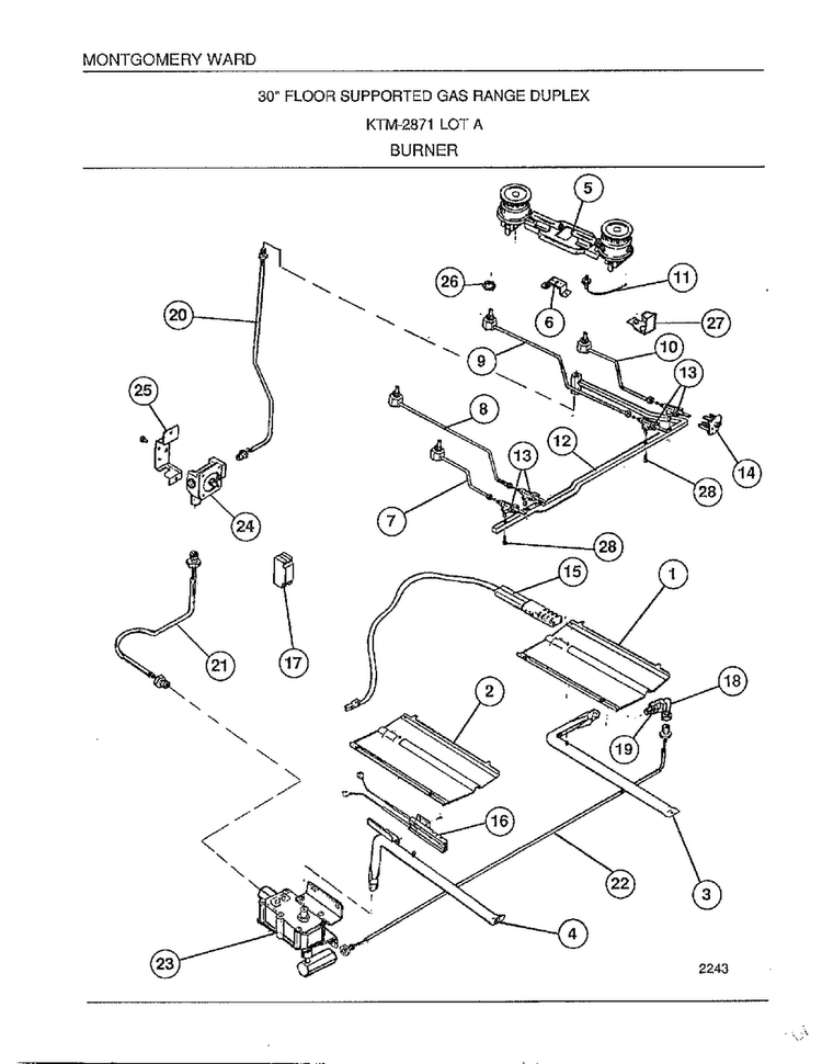 Burner Diagram and Parts List for 2871A  Frigidaire Range