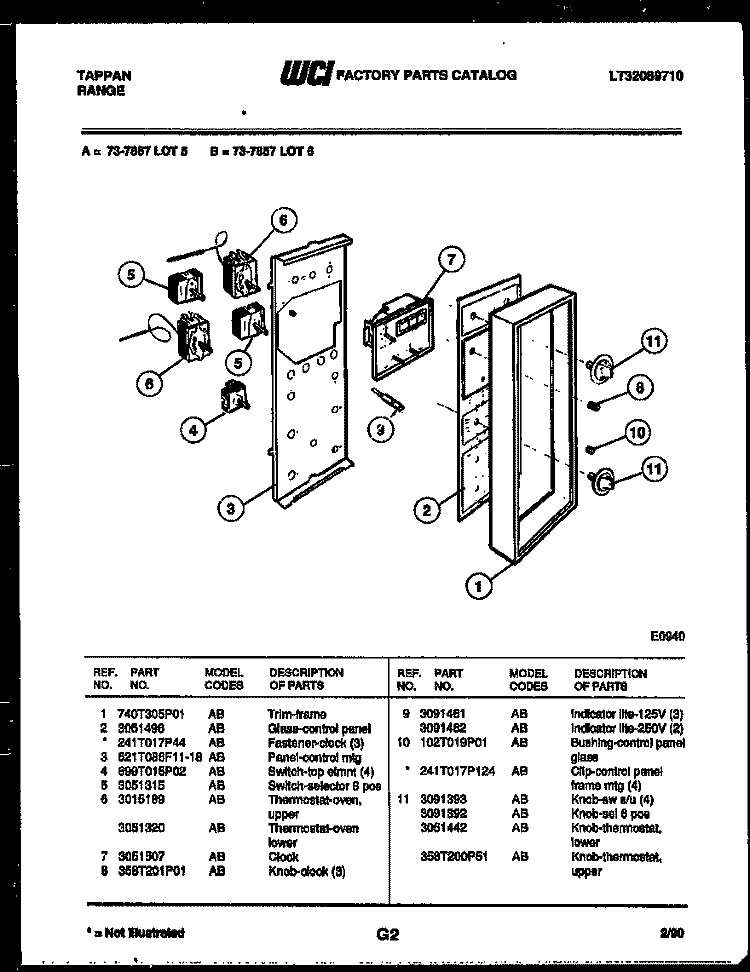 CONTROL PANEL Diagram and Parts List for 73-7857-00-05  Tappan Range