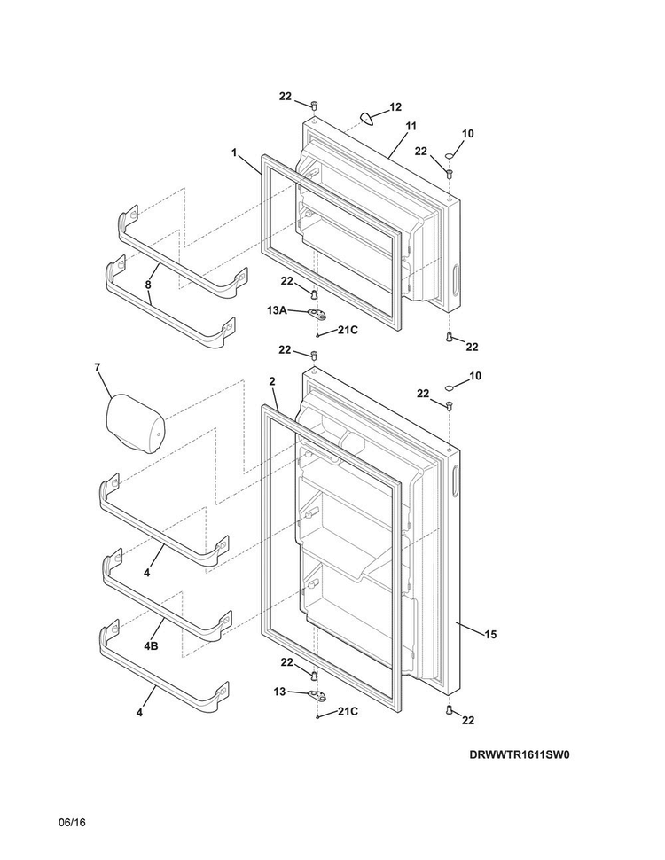 Doors Diagram and Parts List for WWTR1611SW0  Westinghouse Refrigerator