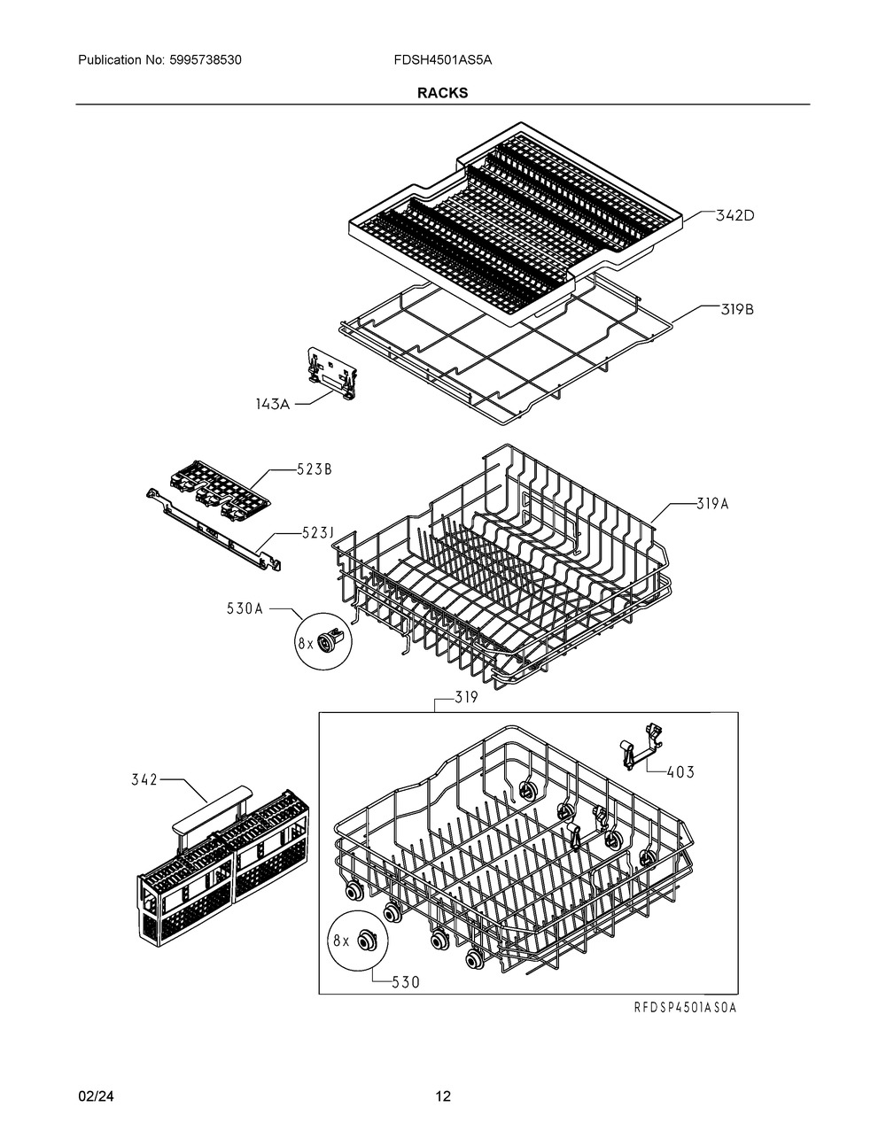 Racks Diagram and Parts List for FDSH4501AS5A  Frigidaire Dishwasher