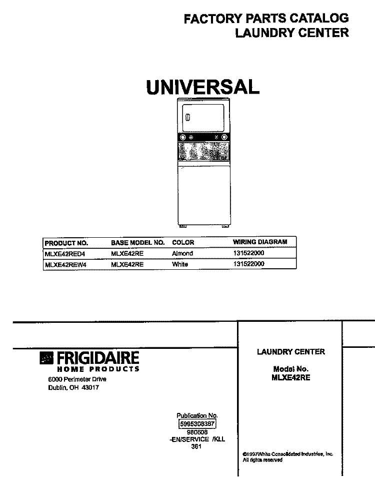 COVER Diagram and Parts List for MLXE42RED4  Frigidaire Washer Dryer Combo