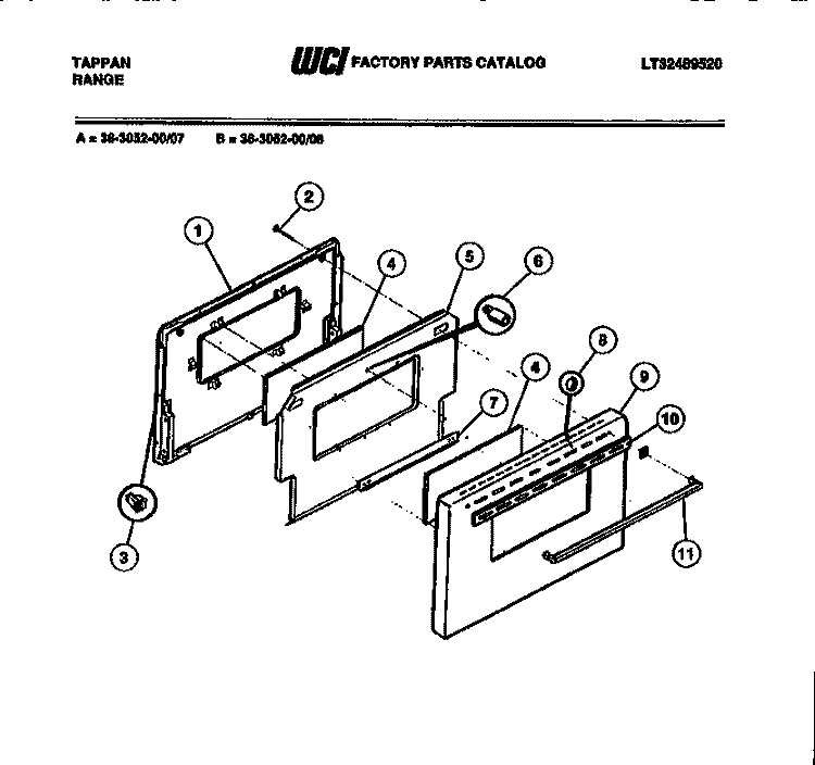 DOOR PARTS Diagram and Parts List for 36-3052-66-07  Tappan Range