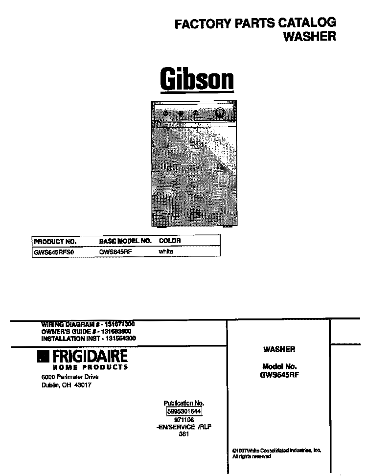 COVER Diagram and Parts List for GWS645RFS0  Gibson Washer