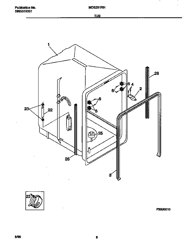 TUB Diagram and Parts List for MDS251RHR0  Frigidaire Dishwasher